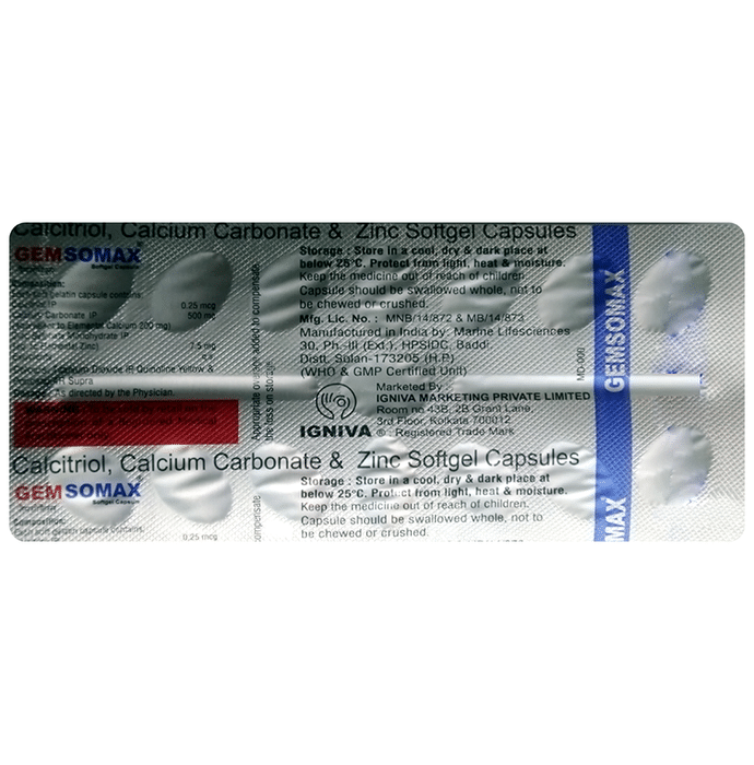 Gemsomax Softgel Capsule    Calcitriol 0.25mcg + Calcium Carbonate 500mg + Zinc Sulfate 7.5mg