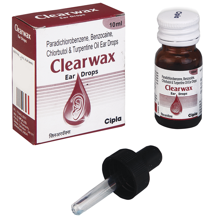 Clearwax Ear Drop    Benzocaine 2.7% w/v + Chlorbutol 5% w/v + Paradichlorobenzene 2% w/v + Turpenti