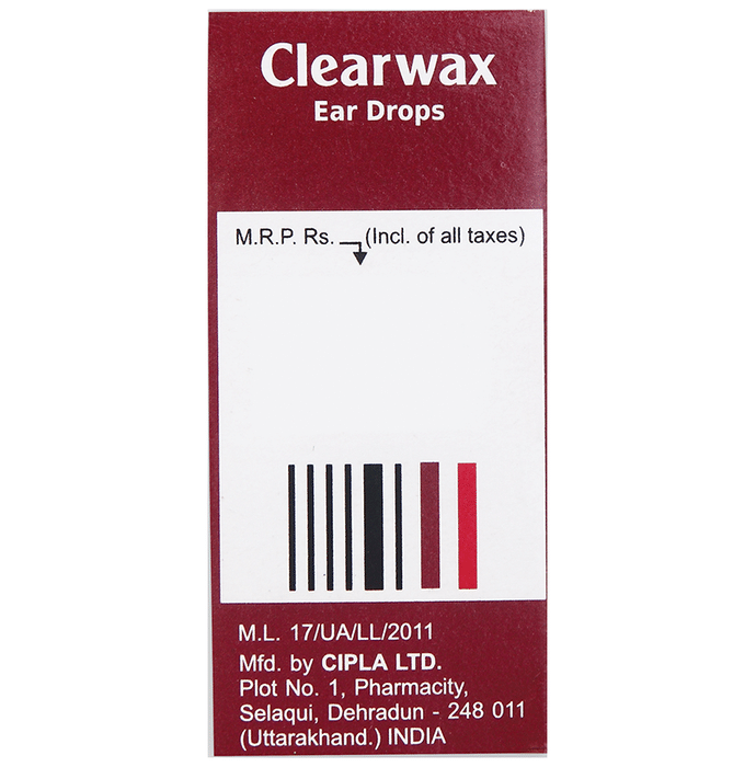 Clearwax Ear Drop    Benzocaine 2.7% w/v + Chlorbutol 5% w/v + Paradichlorobenzene 2% w/v + Turpenti