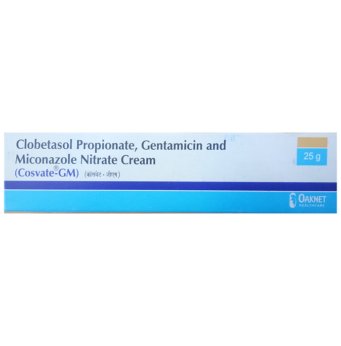 Cosvate-Gm Cream    Clobetasol 0.05% w/w + Gentamicin 0.1% w/w + Miconazole 2% w/w