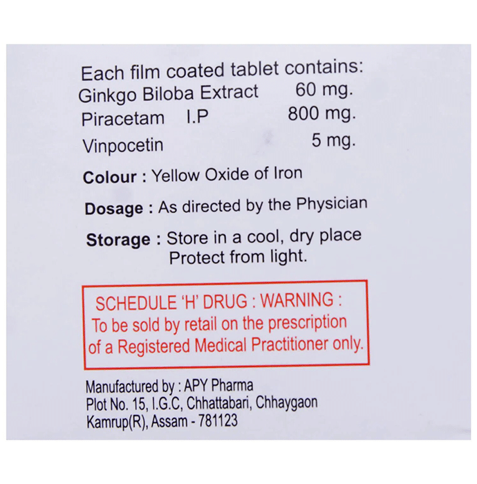 Cognivel Tablet    Ginkgo Biloba 60mg + Piracetam 800mg + Vinpocetine 5mg