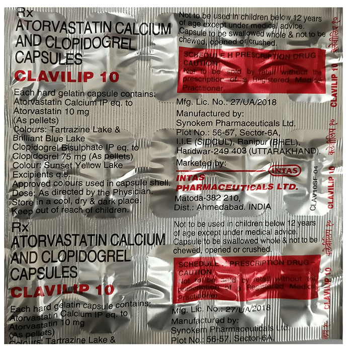 Clavilip 10 Capsule    Atorvastatin 10mg + Clopidogrel 75mg