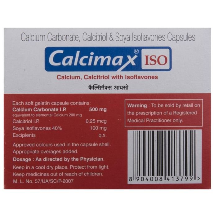 Calcimax ISO Capsule    Calcium Carbonate 500mg + Calcitriol 0.25mcg + Soya Isoflavones 100mg