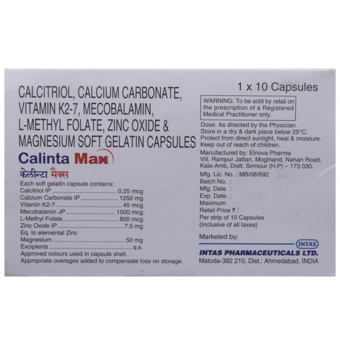 Calinta Max Soft Gelatin Capsule    Calcitriol 0.25mcg + Calcium Carbonate 1250mg + Zinc 7.5mg + Mag