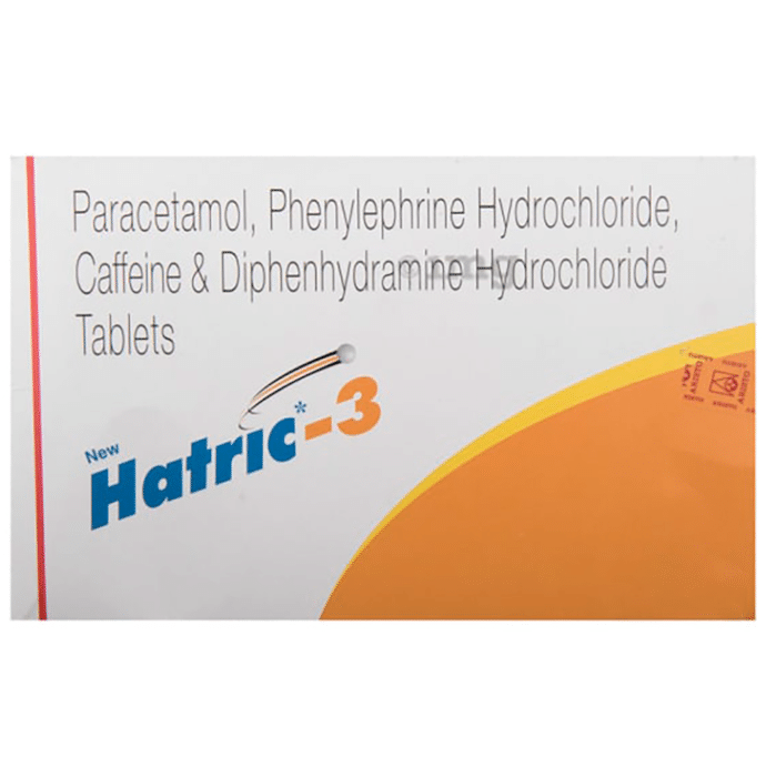 New Hatric 3 Tablet    Caffeine 30mg + Diphenhydramine 25mg + Paracetamol 500mg + Phenylephrine 5mg