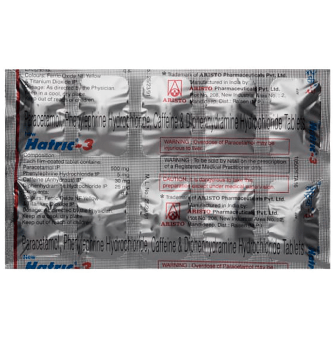 New Hatric 3 Tablet    Caffeine 30mg + Diphenhydramine 25mg + Paracetamol 500mg + Phenylephrine 5mg