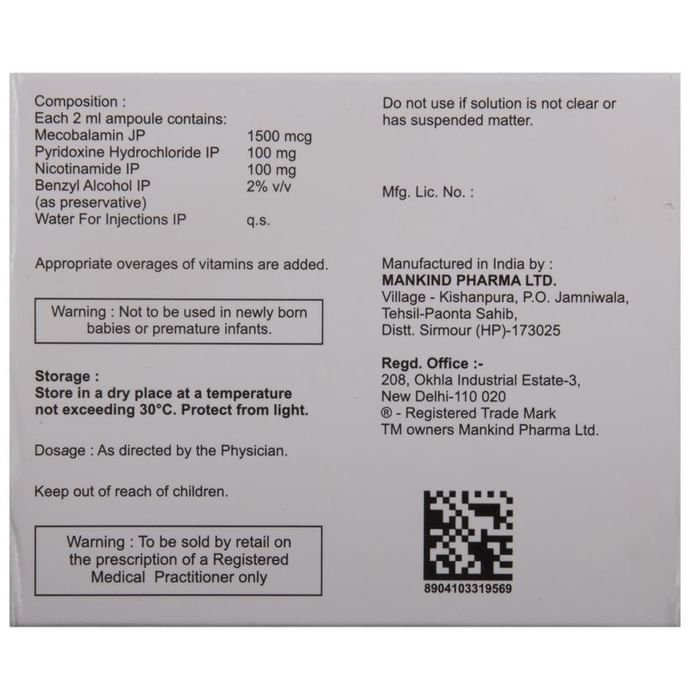 Nurokind-Plus NF Injection    Methylcobalamin 1500mcg + Niacinamide 100mg + Vitamin B6 Pyridoxine 10