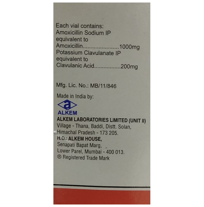 Clavam 1000mg/200mg Injection    Amoxycillin 1000mg + Clavulanic Acid 200mg