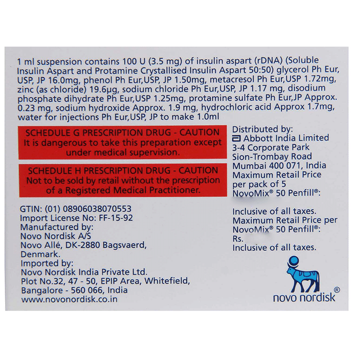 Novomix 50 100IU/ml Penfill    Insulin Aspart 50% + Insulin Aspart Protamine 50%