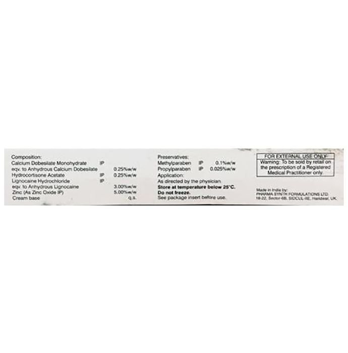 Caldob Cream    Lidocaine 3% w/w + Calcium Dobesilate 0.25% w/w + Hydrocortisone 0.25% w/w + Zinc 5%