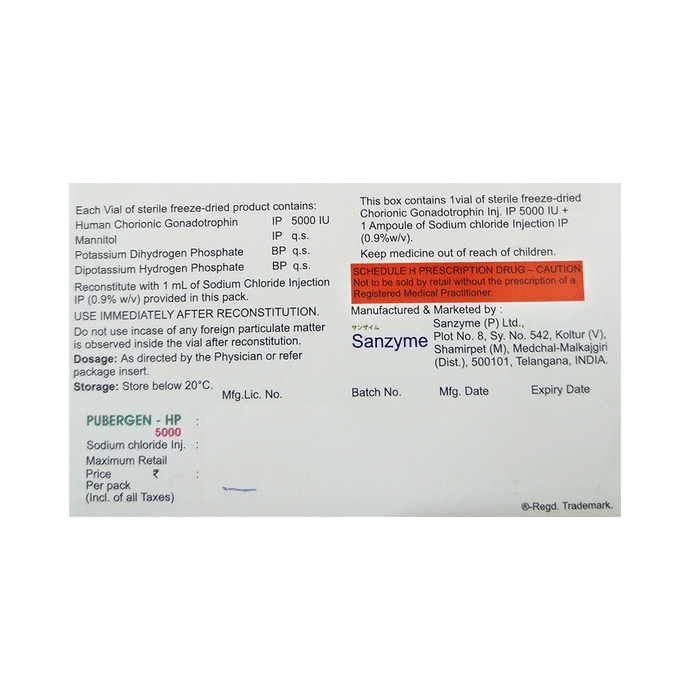 Pubergen HP 5000 Injection    Human chorionic gonadotropin hCG 5000IU