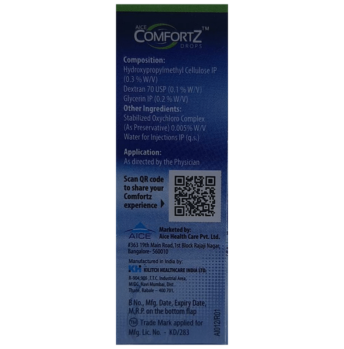 Comfortz Eye Drop    Hydroxypropylmethylcellulose 0.3% w/v + Glycerin 0.2% w/v + Dextran 70 0.1% w/v