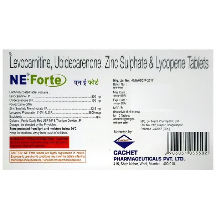 NE Forte Tablet    Levo-carnitine 500mg + Coenzyme Q10 100mg + Lycopene 2500mcg + Zinc 12.5mg