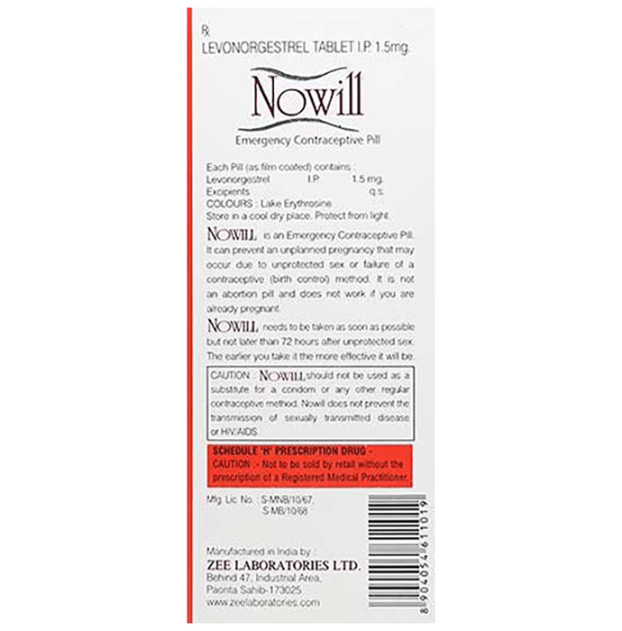 Nowill 1.5mg Tablet    Levonorgestrel 1.5mg