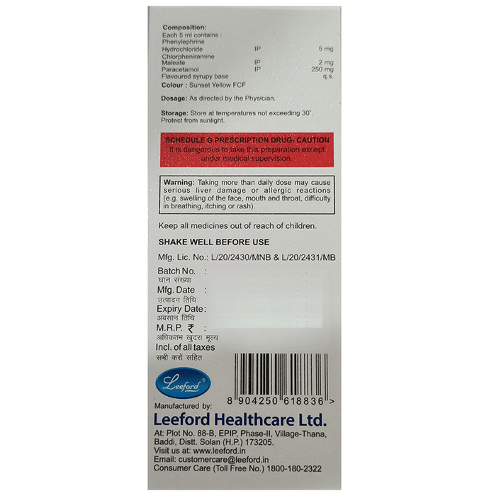 Coldmine Plus Syrup    Chlorpheniramine Maleate 2mg + Paracetamol 250mg + Phenylephrine 5mg