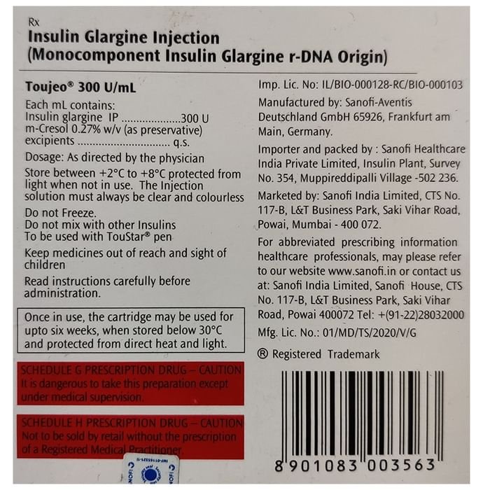 Toujeo 300U/ml Cartridge    1.5ml Each    Insulin Glargine 300u/ml