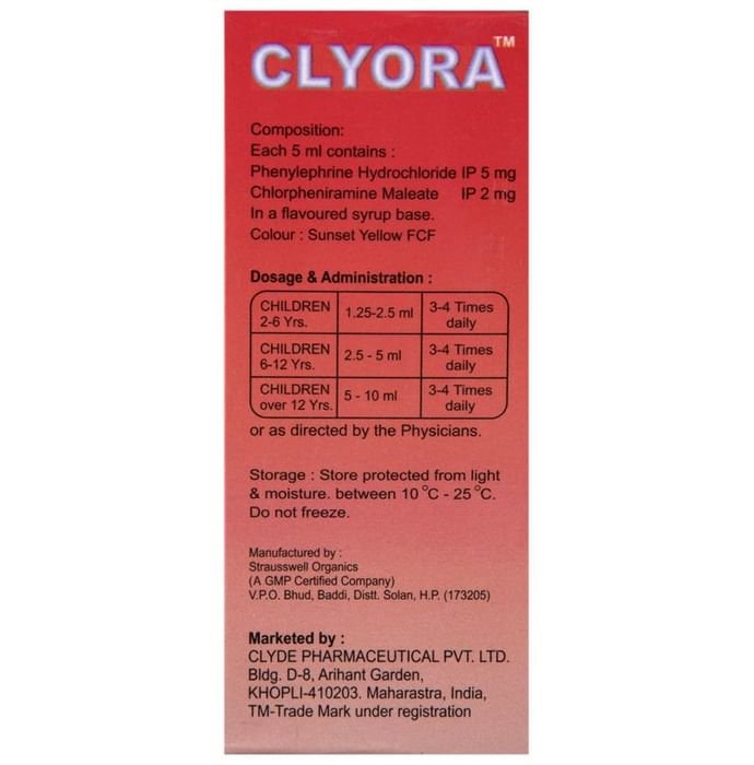 Clyora Syrup    Chlorpheniramine Maleate 2mg/5ml + Phenylephrine 5mg/gm