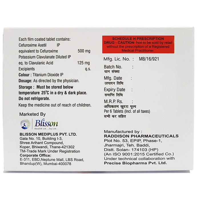 Cefbliss CV Tablet    Cefuroxime 500mg + Clavulanic Acid 125mg