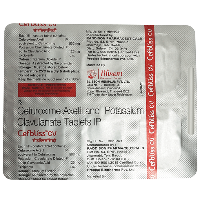 Cefbliss CV Tablet    Cefuroxime 500mg + Clavulanic Acid 125mg