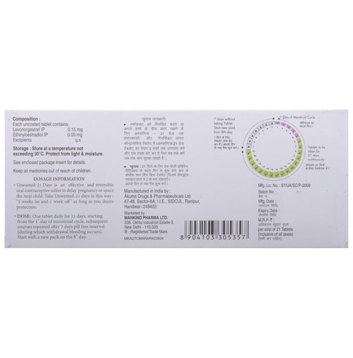 Unwanted 21 Days Tablet    Ethinyl Estradiol 0.03mg + Levonorgestrel 0.15mg