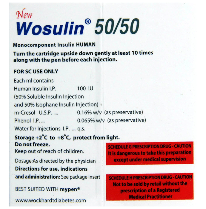 New Wosulin 50/50 100IU/ml Injection 3ml    Insulin Isophane/NPH 50% + Human Insulin/Soluble Insulin