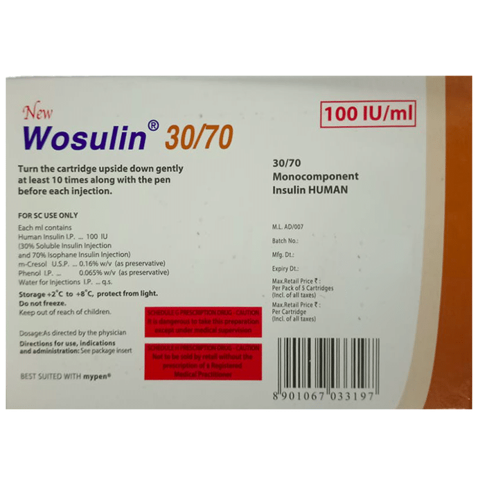 New Wosulin 30/70 100IU/ml Injection 3ml    Insulin Isophane/NPH 70% + Human Insulin/Soluble Insulin