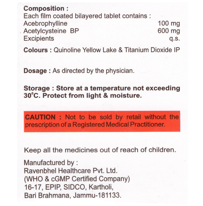 Nactab-AB Tablet    Acebrophylline 100mg + Acetylcysteine 600mg