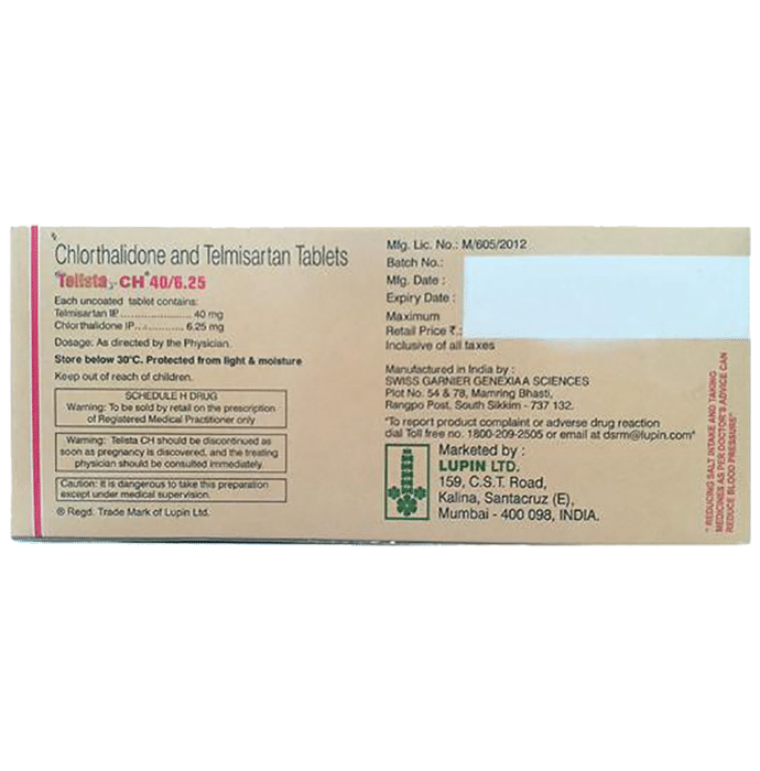 Telista-CH 40/6.25 Tablet    Telmisartan 40mg + Chlorthalidone 6.25mg