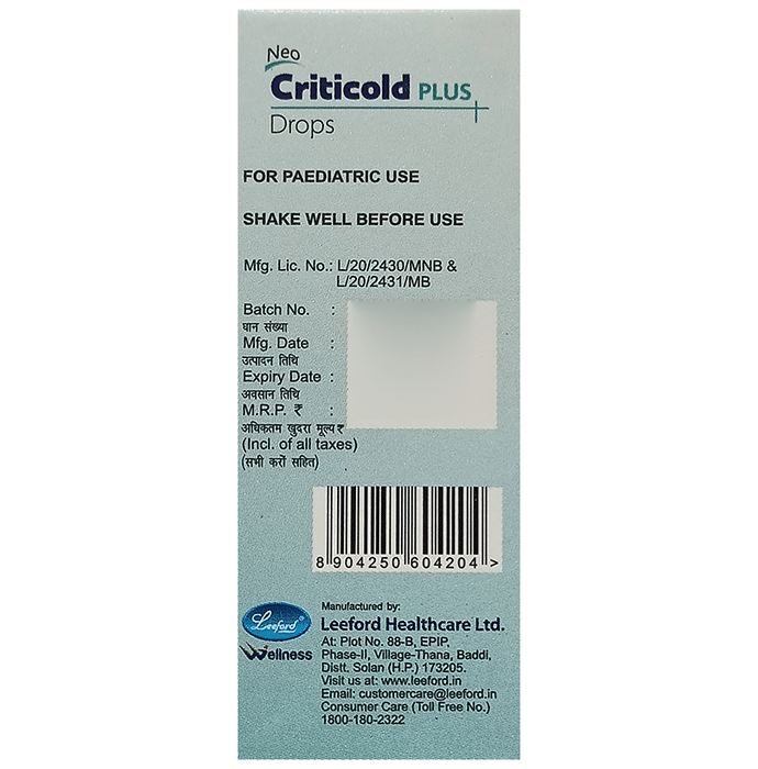 Neo Criticold Plus Oral Drops    Chlorpheniramine Maleate 1mg + Paracetamol 125mg + Phenylephrine 5m