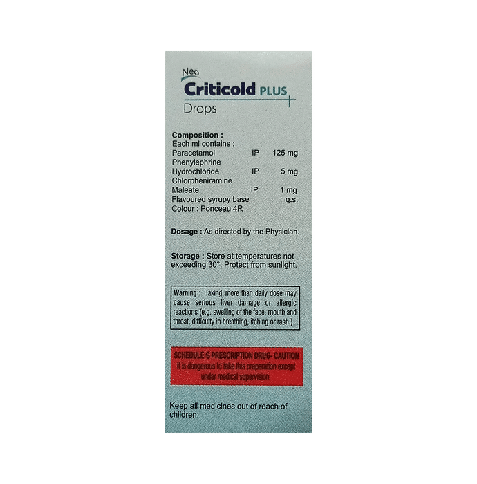 Neo Criticold Plus Oral Drops    Chlorpheniramine Maleate 1mg + Paracetamol 125mg + Phenylephrine 5m