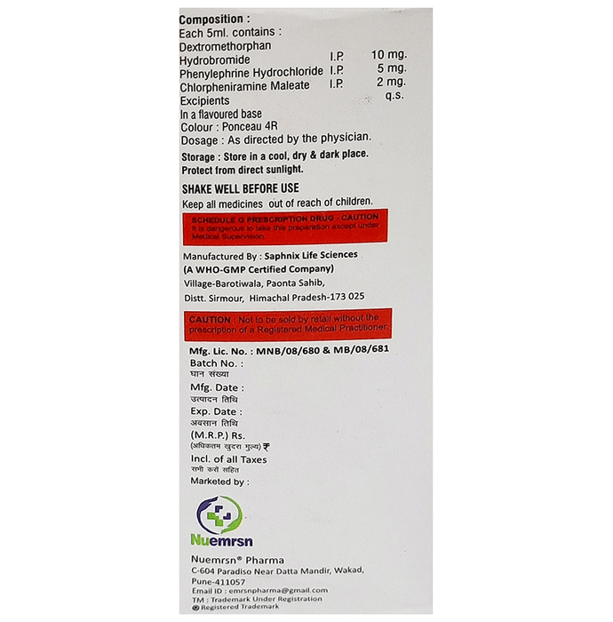 Guditus-DMR Syrup Sugar Free    Phenylephrine 5mg + Chlorpheniramine Maleate 2mg + Dextromethorphan 