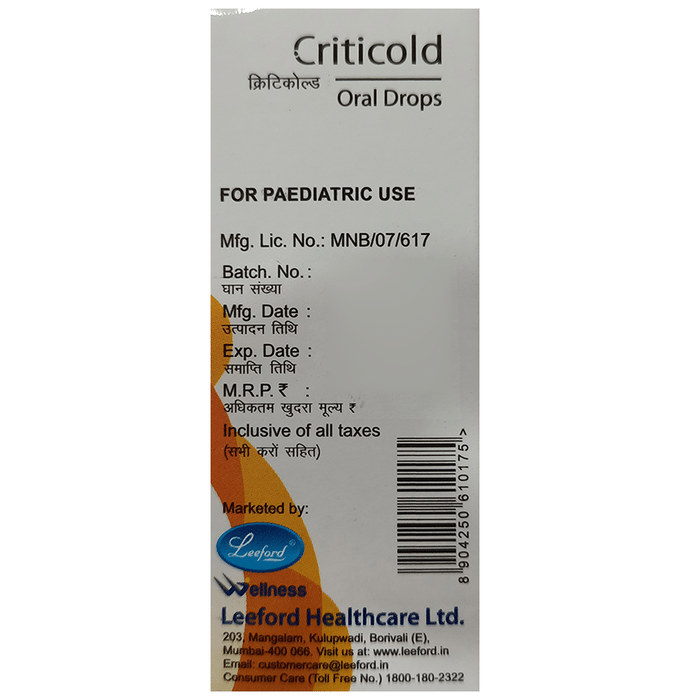 Criticold Oral Drops Orange    Chlorpheniramine Maleate 2mg/ml + Phenylephrine 5mg/ml