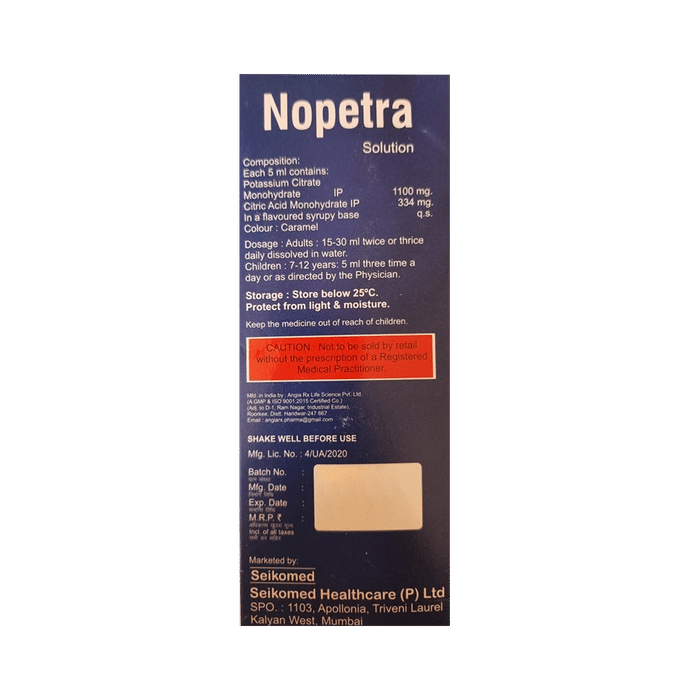 Nopetra Oral Solution Sugar Free    Citric Acid 334mg/5ml + Potassium Citrate 1100mg/5ml