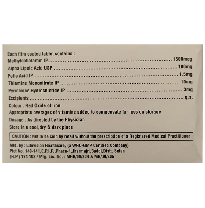 Nuroapt Tablet    Methylcobalamin 1500mcg + Alpha Lipoic Acid 100mg + Thiamine mononitrate 10mg + Py