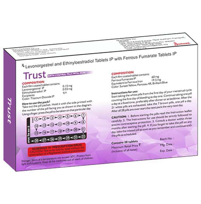 Trust Tablet    Levonorgestrel 0.15mg + Ethinyl Estradiol 0.03mg + Ferrous Fumarate 60mg