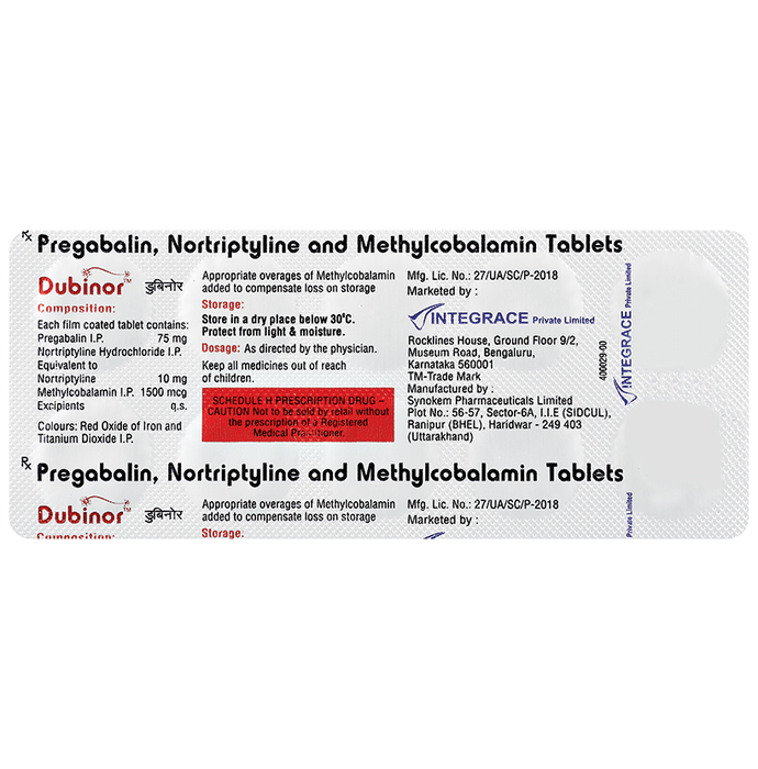 Dubinor Tablet    Pregabalin 75mg + Nortriptyline 10mg + Methylcobalamin 1500mcg