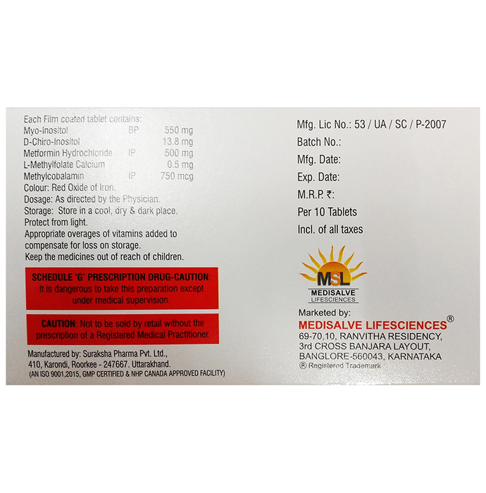 Cystofit Tablet    Myo-Inositol 550mg + D-Chiro Inositol 13.8mg + Metformin 500mg + L-Methyl Folate 