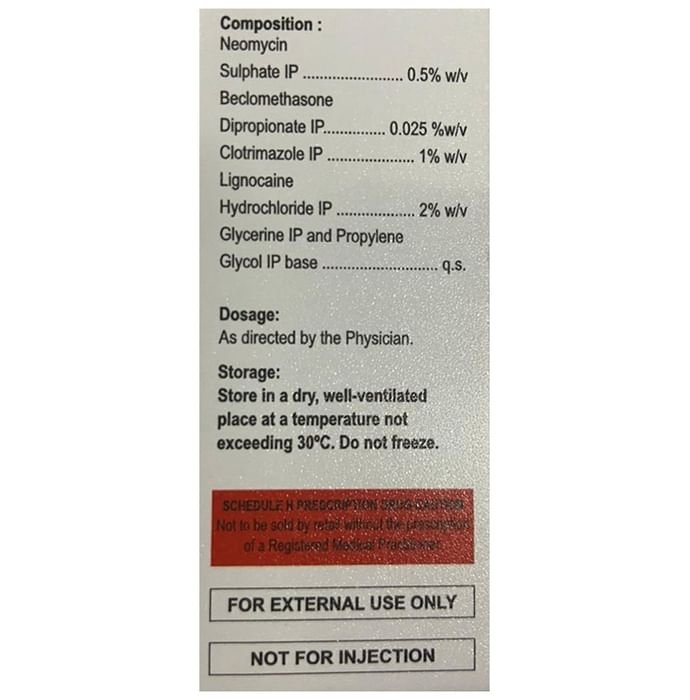 Drep New Ear Drop    Neomycin 0.5% w/v + Beclometasone 0.025% w/v + Clotrimazole 1% w/v + Lidocaine 