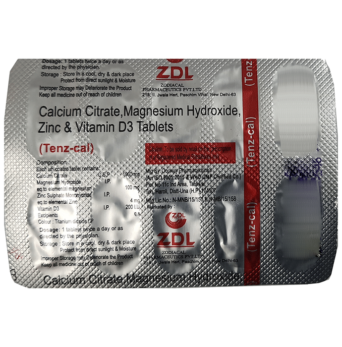 Tenz-Cal Tablet    Calcium citrate 1000mg + Magnesium Hydroxide 100mg + Zinc Sulphate Monohydrate 4m
