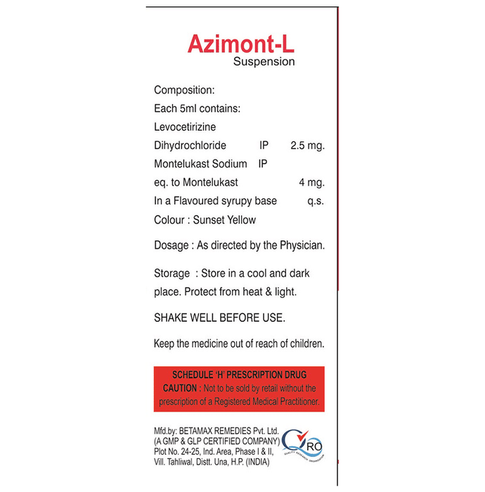 Azimont-L Oral Suspension    Levocetirizine 2.5mg + Montelukast 4mg