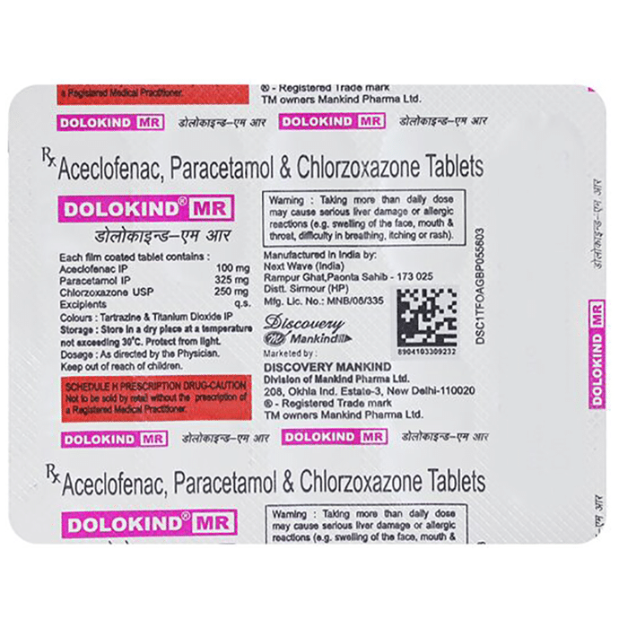 Dolokind-MR Tablet    Aceclofenac 100mg + Paracetamol 325mg + Chlorzoxazone 250mg