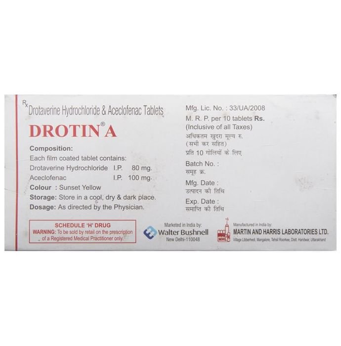 Drotin A Tablet    Drotaverine 80mg + Aceclofenac 100mg