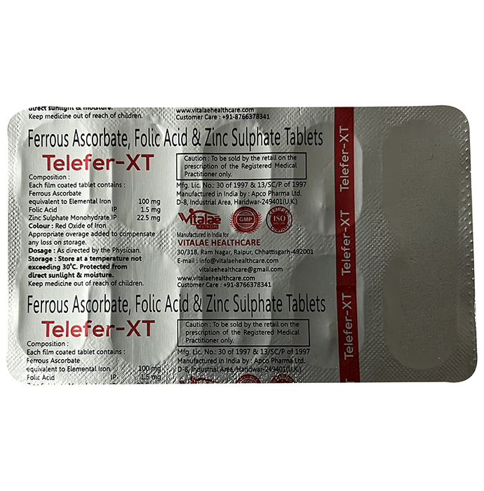 Telefer-XT Tablet    Ferrous Ascorbate 100mg + Folic Acid 1.5mg + Zinc 22.5mg