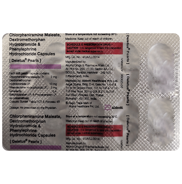 Deletus Pearls Capsule    Phenylephrine 5mg + Chlorpheniramine Maleate 2mg + Dextromethorphan Hydrob