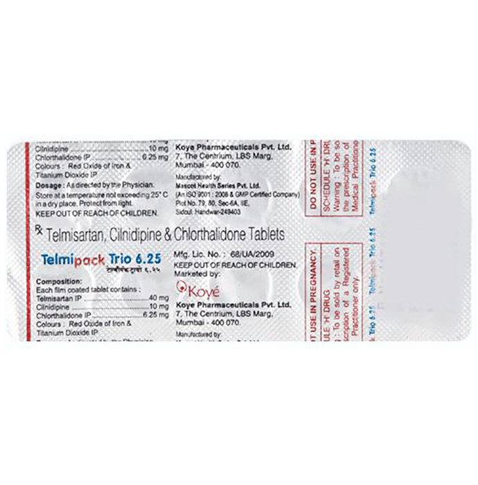 Telmipack Trio 6.25 Tablet    Telmisartan 40mg + Cilnidipine 10mg + Chlorthalidone 6.25mg