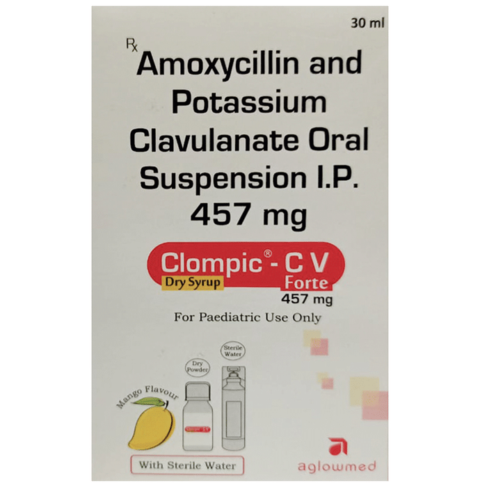 Clompic-CV Forte 457mg Dry Syrup Mango    Amoxycillin 400mg/5ml + Clavulanic Acid 57mg/5ml