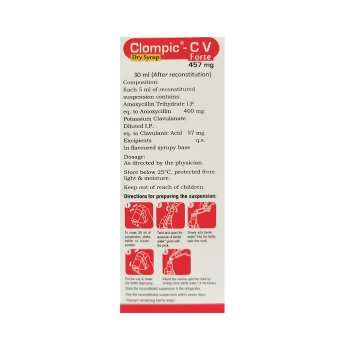 Clompic-CV Forte 457mg Dry Syrup Mango    Amoxycillin 400mg/5ml + Clavulanic Acid 57mg/5ml