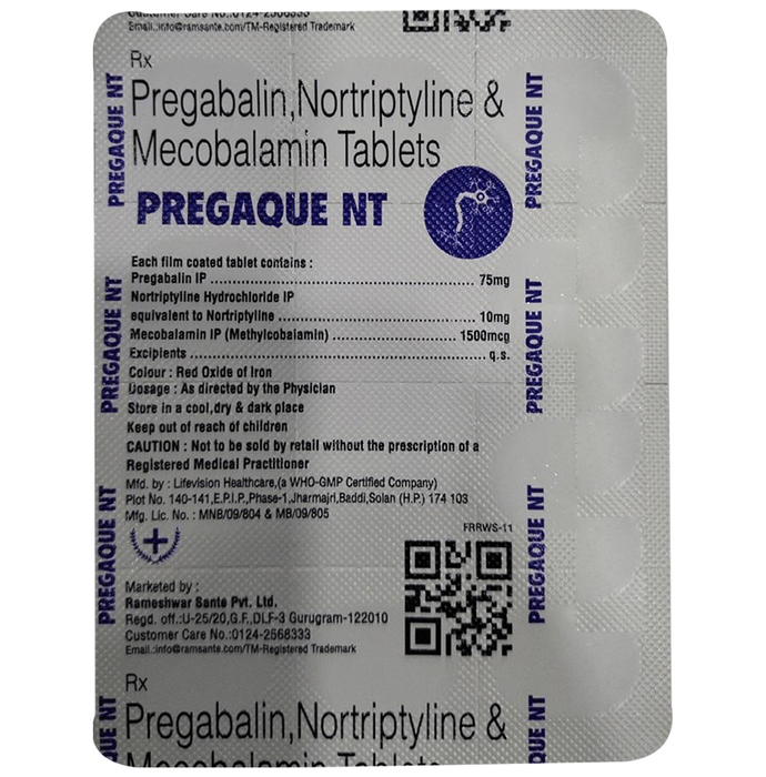 Pregaque NT Tablet    Pregabalin 75mg + Nortriptyline 10mg + Methylcobalamin 1500mcg