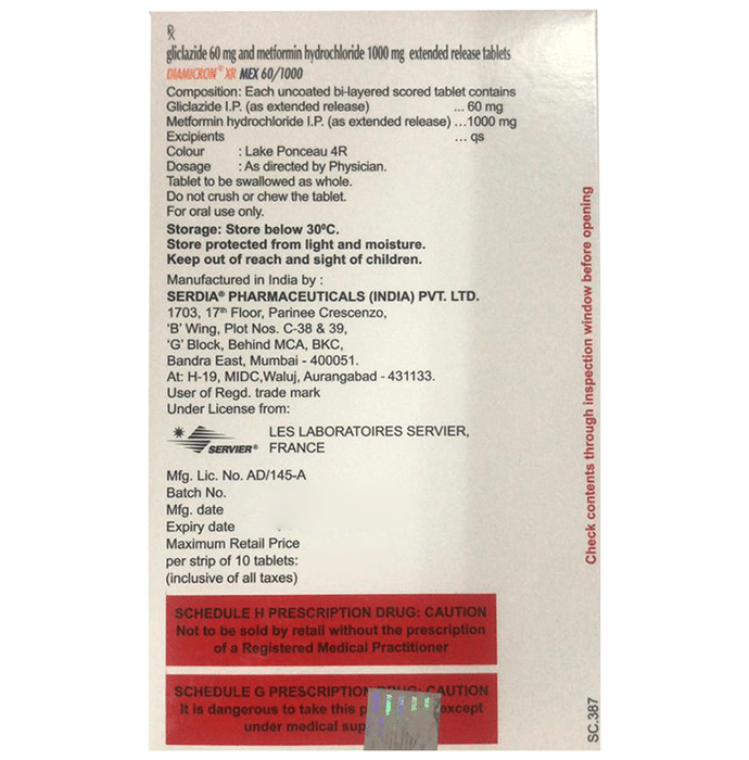 Diamicron XR Mex 60/1000 Tablet ER    Gliclazide 60mg + Metformin 1000mg