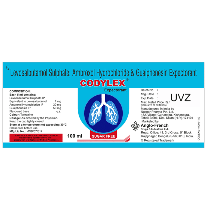 Codylex Expectorant    Ambroxol 30mg/5ml + Levosalbutamol 1mg/5ml + Guaifenesin 50mg/5ml